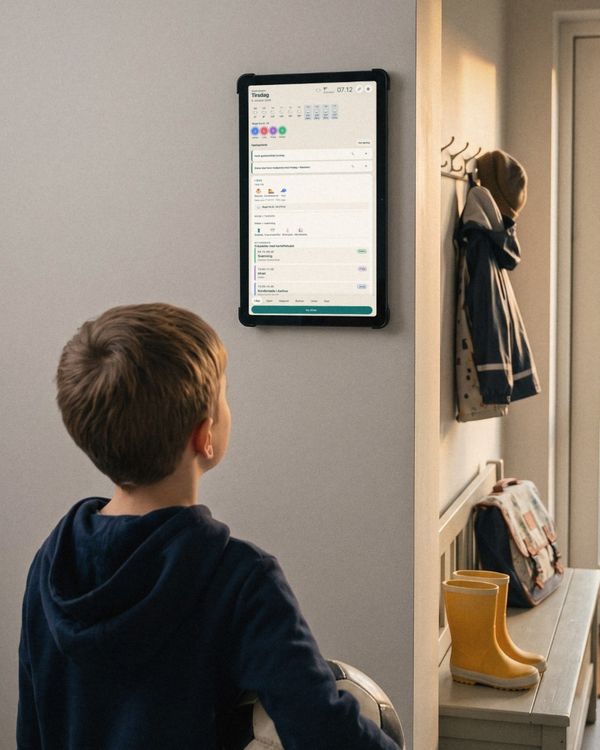 Dreng i hættetrøje med en fodbold under armen kigger op på familiens kalender på en tablet på væggen i entréen. Gummistøvler og en skoletaske står på bænken