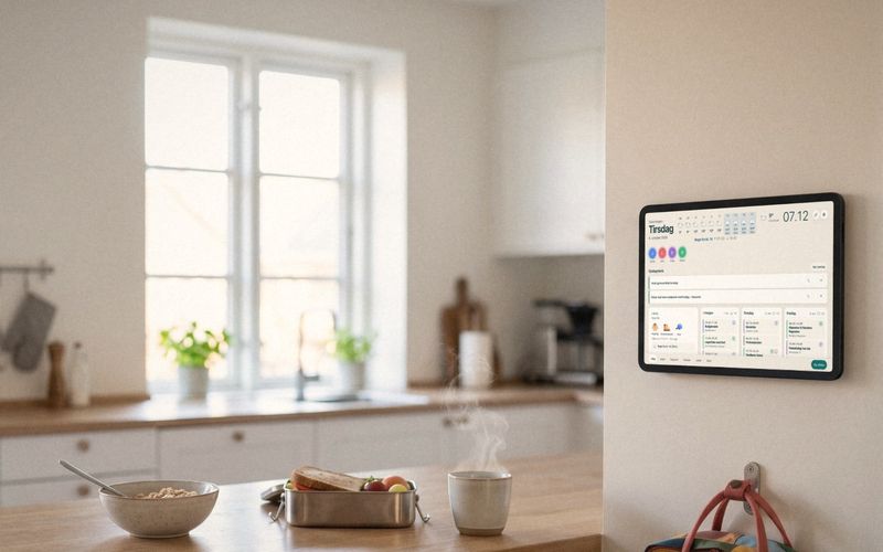 Køkken om morgenen med familiens kalender på en tablet på væggen. På bordet står en skål morgenmad, en madkasse og en dampende kop