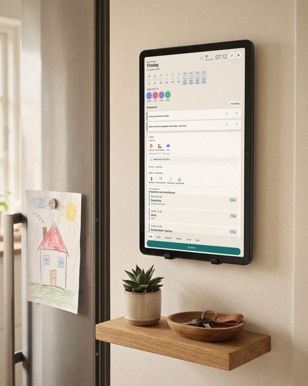 Tablet i en sort vægholder ved siden af køleskabet viser familiens kalender for i dag. Under den står en lille plante og en skål med nøgler på en hylde