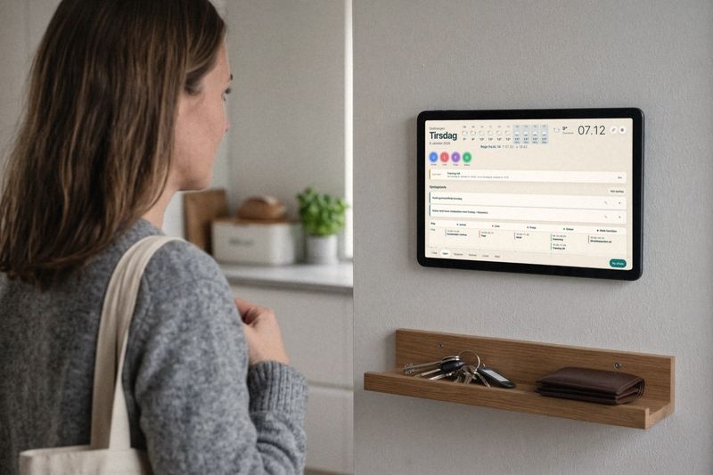 Kvinde med en mulepose over skulderen kigger på familiens kalender på en tablet på væggen, før hun går. Under tavlen ligger nøgler og en pung på en hylde